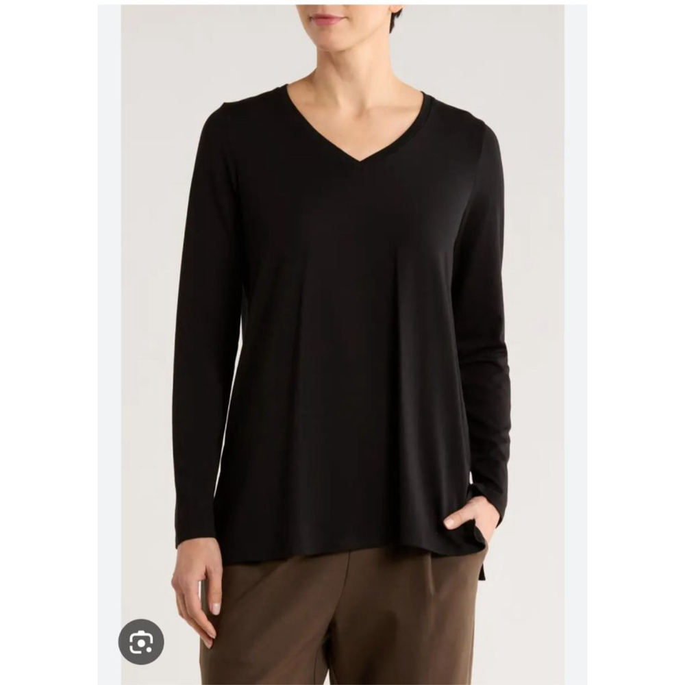 EILEEN FISHER Fine Stretch Jersey Knit Long Sleeve V-Neck Tee in Black Size L